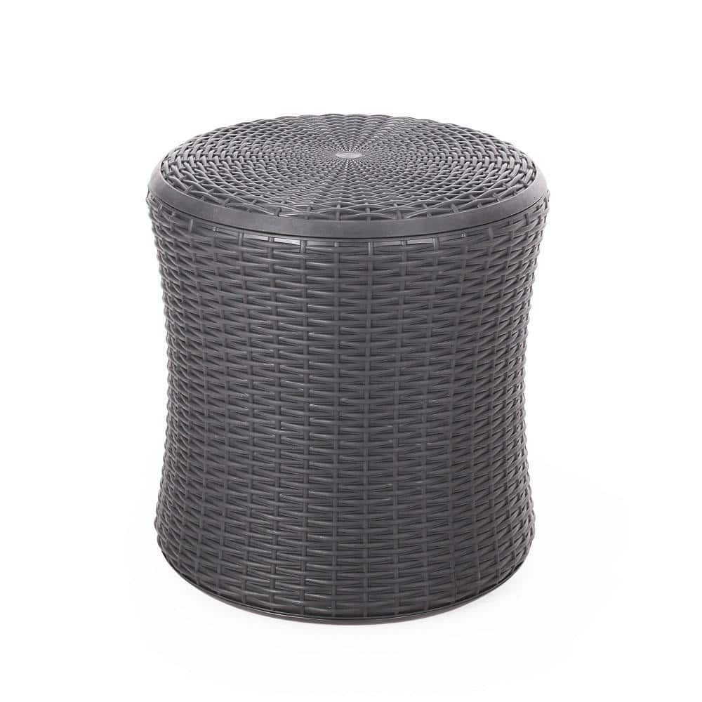 Dark Gray Round Wicker Outdoor Side Table with Removable Top Cover