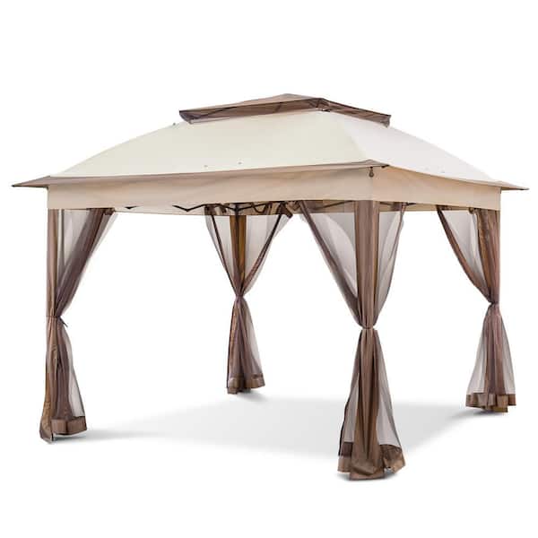 11 ft. x 11 ft. Pop-Up Gazebo Shelter with Screen Wall Panels Instant Outdoor Tent, Tan