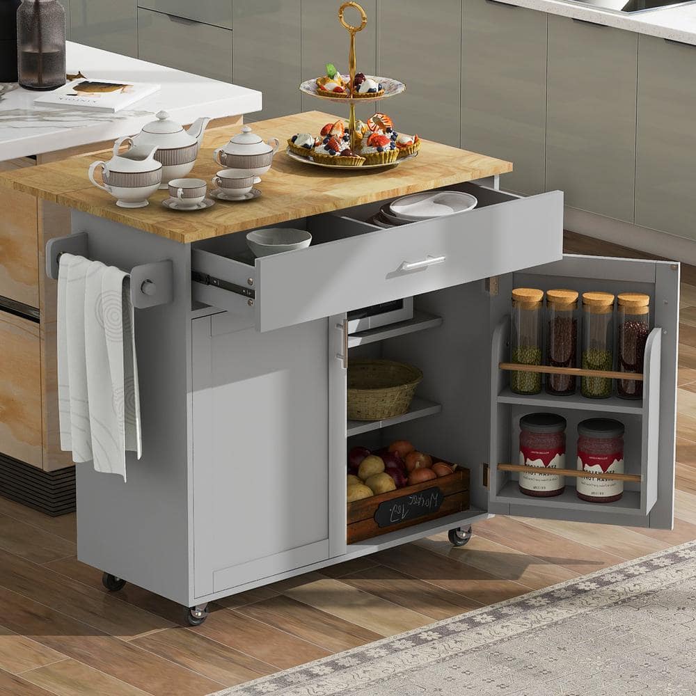 Harper & Bright Designs Gray Rubber Wood Kitchen Cart with Door Internal Rack, Drop-Leaf, Adjustable Shelves,-Drawer with Divider, 4 Wheels