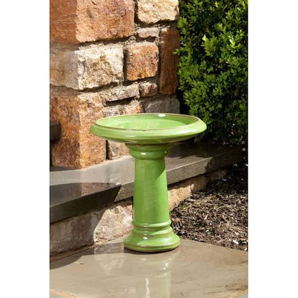 Alfresco Home 13.5 in. Dia Handmade Glazed Ceramic Round Ischia Round Birdbath, Chartreuse