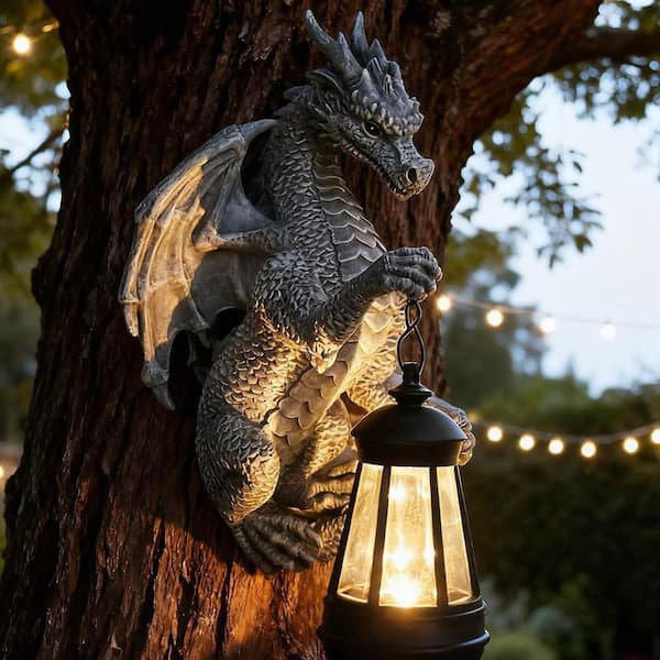 5 in. x 9 in. Gray Resin Solar Tree Hugger Dragon Garden Statue