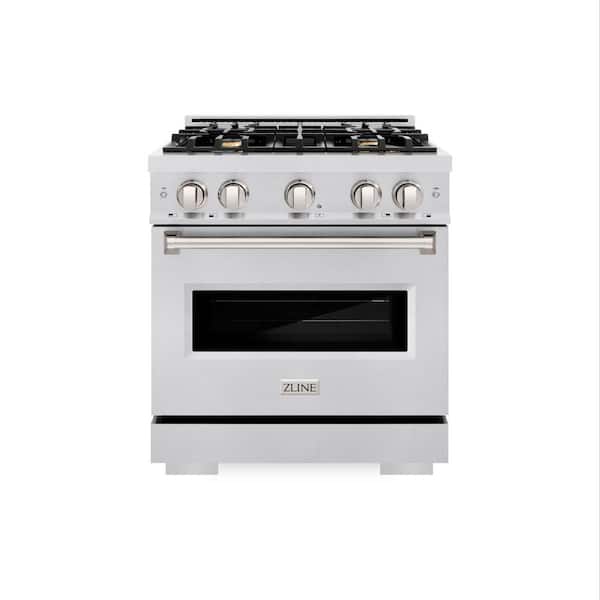 30 in. Classic Dual Fuel Range with Gas Cooktop and Electric Oven in Satin Stainless Steel with 4 Brass Burners