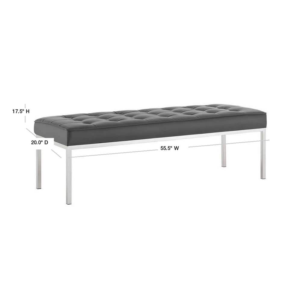 Silver Gray Tufted Faux Leather Bench with Stainless Steel Legs