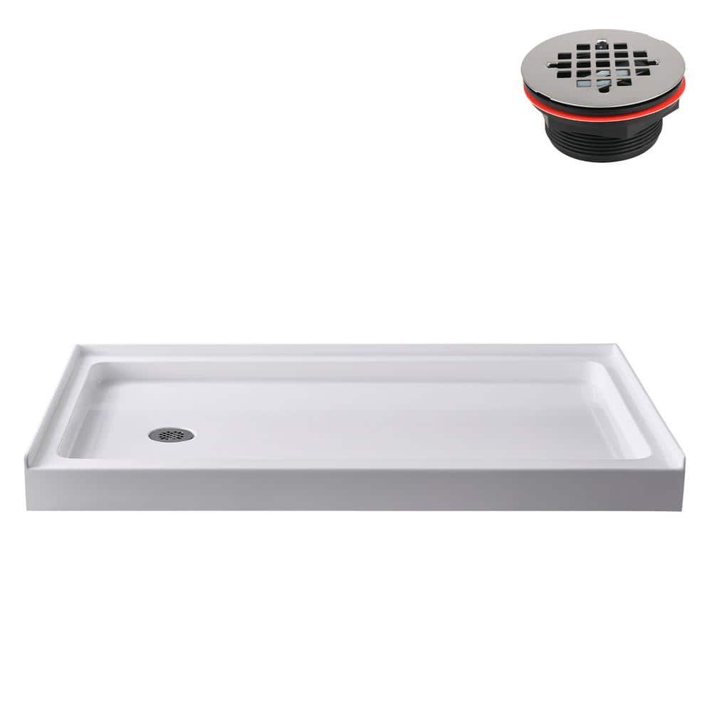 Glossy White Rectangular Acrylic Alcove Shower Base with Left Drain