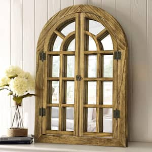 24 in. W x 36 in. H Windowpane Arched Brown Wood Framed Wall Mirror Farmhouse Decorative Mirror