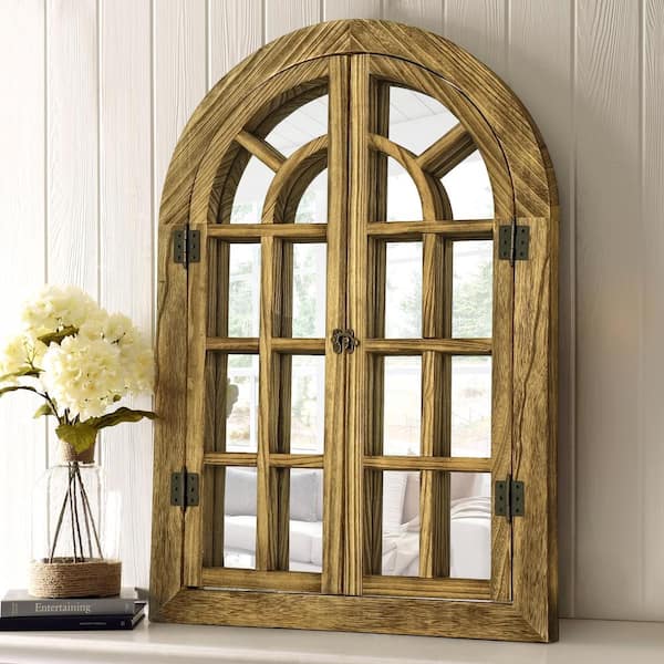 24 in. W x 36 in. H Farmhouse Arched Brown Wood Framed Windowpane Wall Mirror