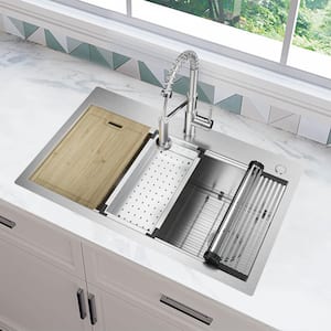AIO Zero Radius Drop-In/Undermount 16G Stainless Steel 36 in. Single Bowl Workstation Kitchen Sink, Spring Neck Faucet