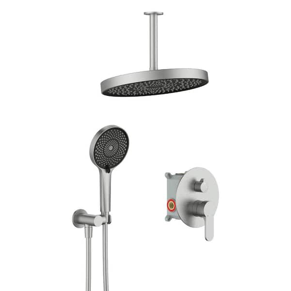 WELLFOR 2-Spray 12 in. Dual Round Ceiling Mount Fixed and Handheld Shower Head 1.8 GPM in Brushed Nickel