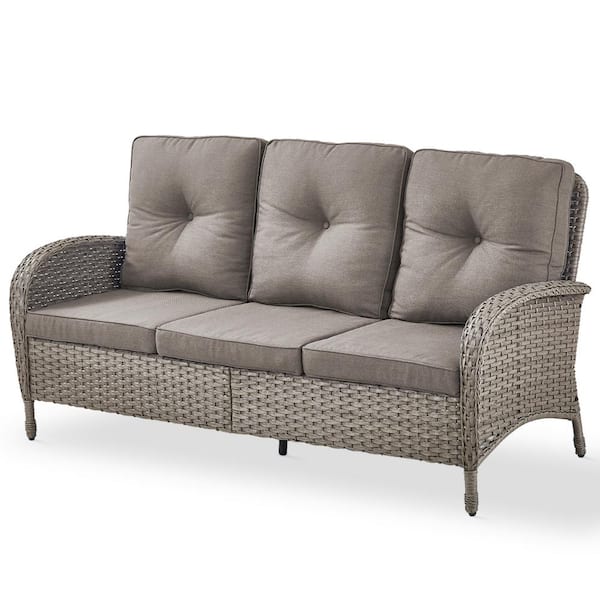 Pocassy Flat armrest series 3 Seat Gray Wicker Outdoor Patio Sofa Couch with Deep Seating and Gray Cushions