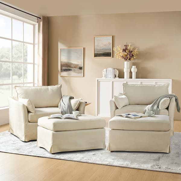 JAYDEN CREATION Sylvia Ivory Modern Oversized Removable Slipcovered Chair Solid Wood Legs Armchair with Ottoman Set of 2