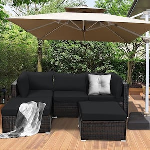 5-Pieces Wicker Patio Conversation Set Sectional Set Ottoman Table with Black Cushions
