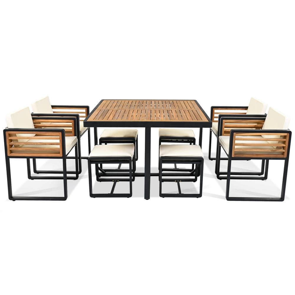 9-Piece Acacia Wood Outdoor Dining Set with 4 Ottomans and 4 Chairs with Be