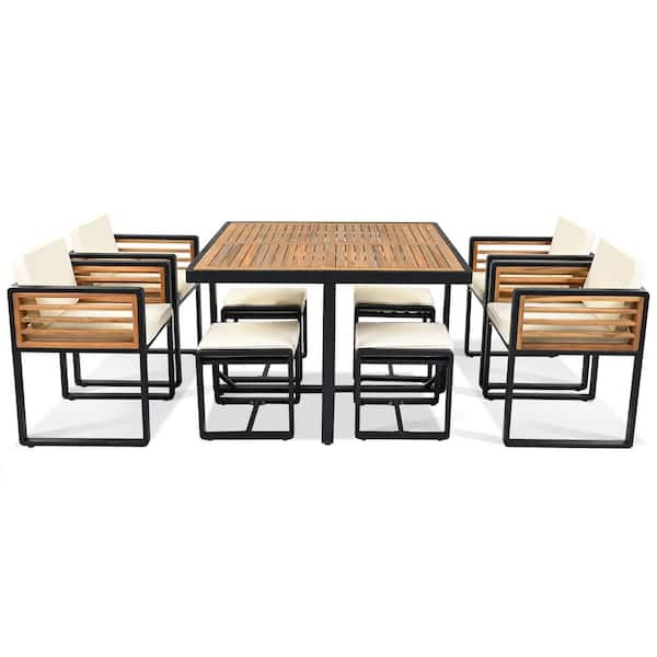 Unbranded 9-Piece Acacia Wood Outdoor Dining Set with 4 Ottomans and 4 Chairs with Beige Cushions