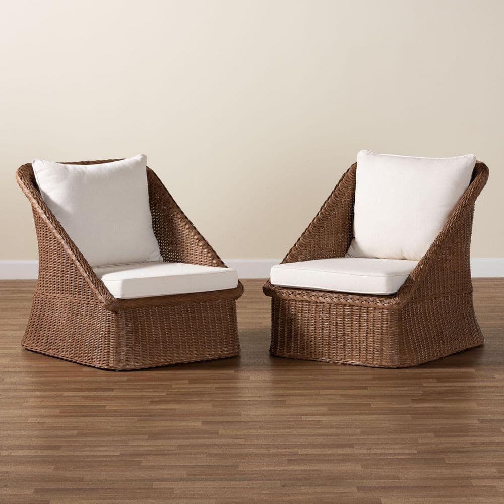Handcrafted Brown Rattan Accent Chair Set with Cushions