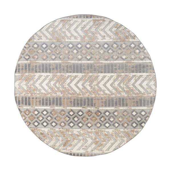 Distressed Geometric Beige 8 ft. ROUND Indoor/Outdoor Area Rug