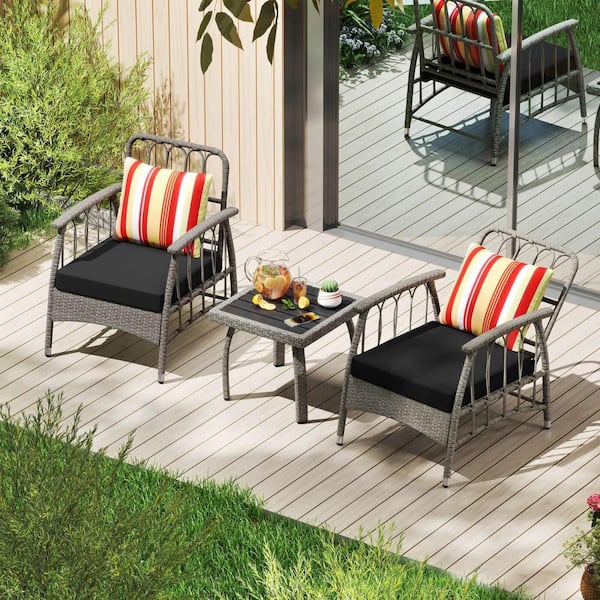 3-Piece PE Wicker Outdoor Bistro Furniture Set with 5-Level Adjustable Backrest Black Cushions