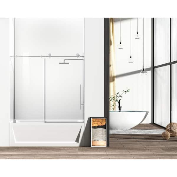 Unbranded Simply Living 60 in. W x 60 in. H Frameless Sliding Tub Door in Polished Chrome with Clear Glass