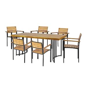 Lindero 7-Piece Wood Outdoor Patio Modern Industrial Acacia Teak and Black Dining Set