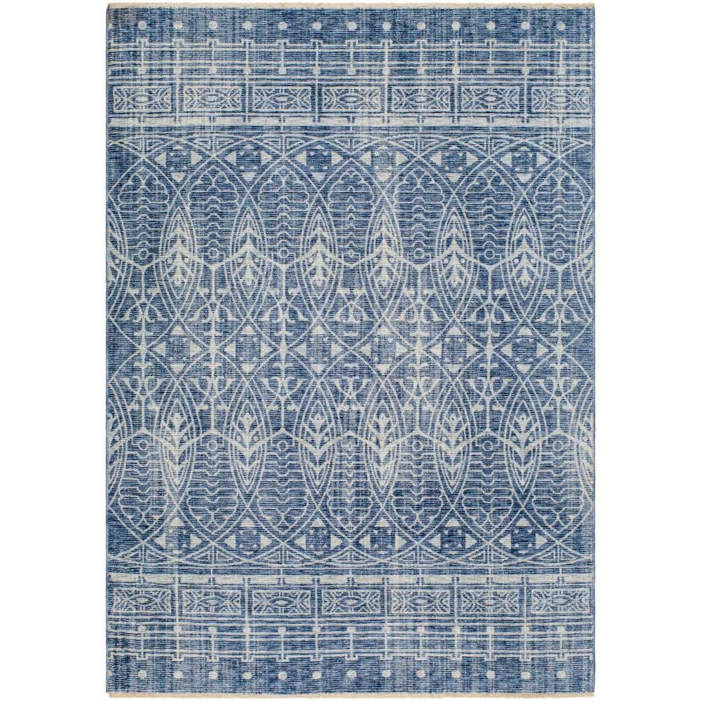 Blue and White Geometric Pattern Rectangular Rug