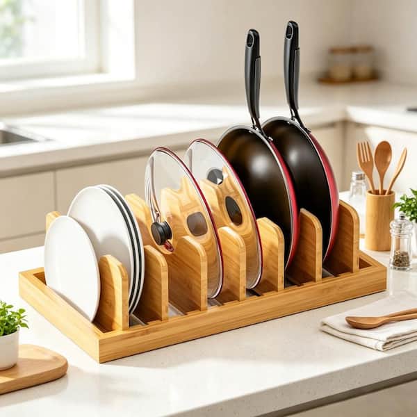 Bamboo Pot Pan Organizer Drawer Cabinet Storage Holder for Dinner Plates Reusable Containers