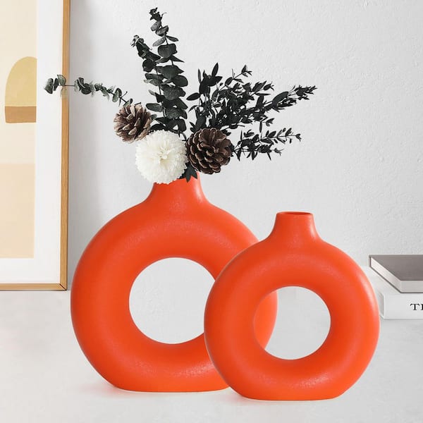 Orange Ceramic Donut Vase Set of 2, Hollow Round Matte Pampas Flower Vases