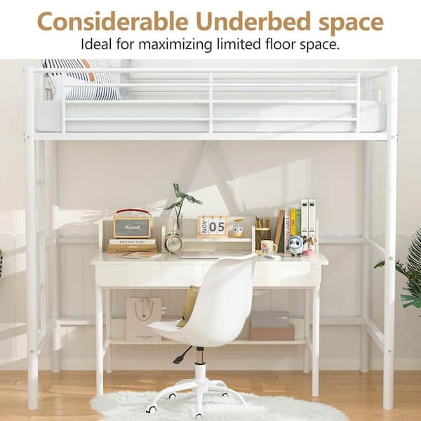 VECELO Twin Size Metal Loft Bed, White Heavy Duty Bed Frame with