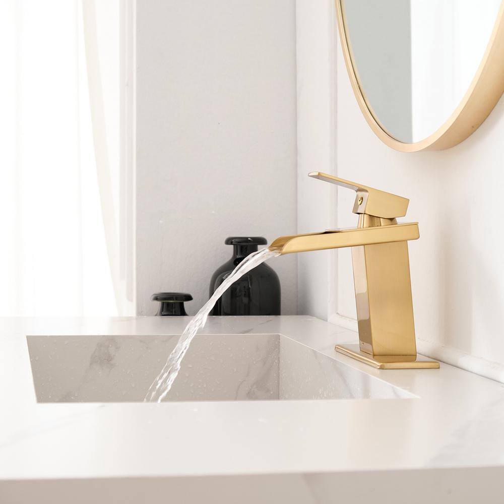 Brushed Gold Brass Single Handle Waterfall Bathroom Faucet