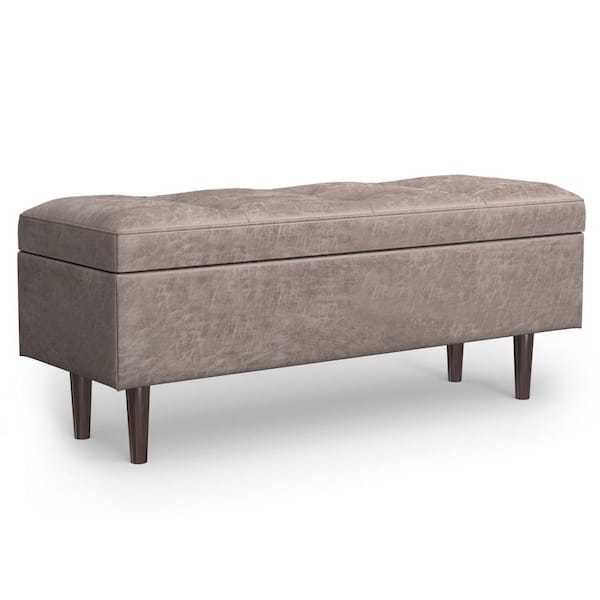 Simpli Home Shay 48 in. Wide Mid Century Modern Rectangle Storage Ottoman in Distressed Grey Taupe Vegan Faux Leather, Assembled