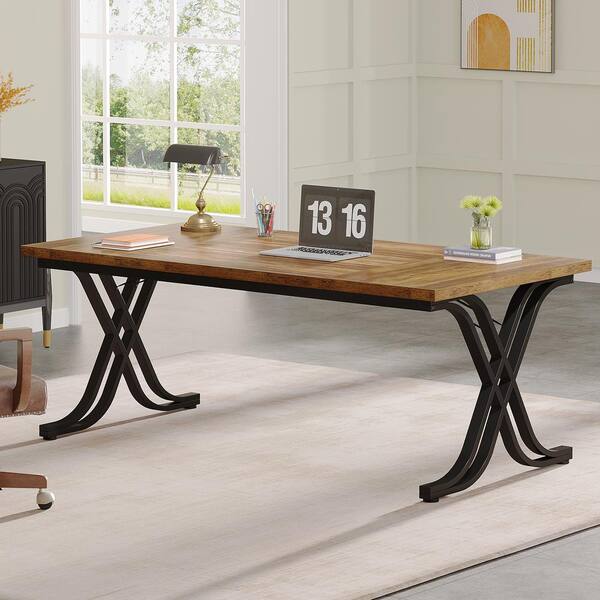 BYBLIGHT 63 in. Rectangular Brown Executive Desk, Computer Desk with Thick Wooden Tabletop Metal Frame for Home Office