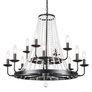 Immer 12 Light Black Candle Style Classic Empire Wagon Wheel Chandelier with Clear Crystal Accents for Kitchen Island