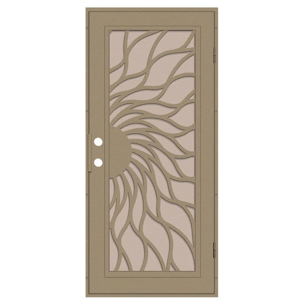 Unique Home Designs Sunfire 32 in. x 80 in. Left Hand/Outswing Desert Sand Aluminum Security Door with Desert Sand Perforated Metal Screen