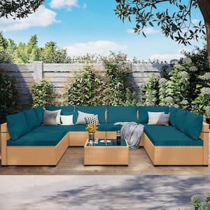 Yellow 9-Piece Wicker Patio Conversation Sofa Set with Lake Blue Cushions