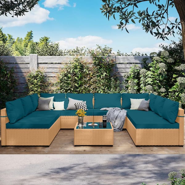 UPHA Yellow 9-Piece Wicker Patio Conversation Sofa Set with Lake Blue Cushions