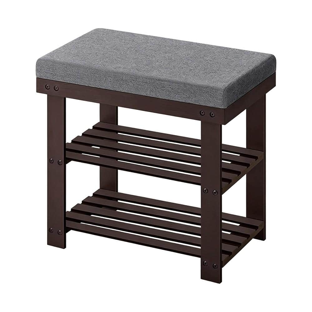 20" W Rustic Walnut 3 Tier Bamboo Shoe Storage Bench with Cushion