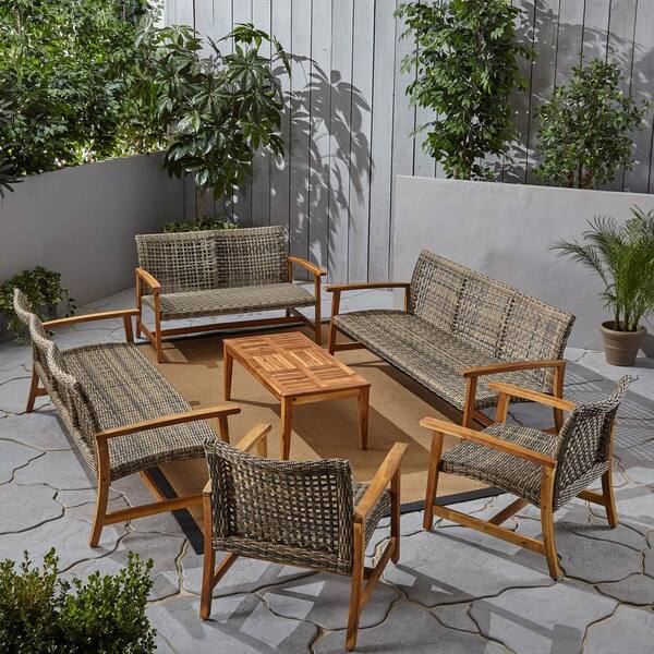 Noble House Hampton Natural 6-Piece Wood Patio Conversation Set