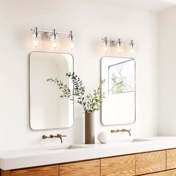17 in. 3 Light Brush Nickel Bathroom Vanity Light with Clear Glass shade for Bathroom