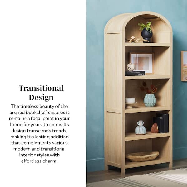 Arched 76 in. Tall Coastal Oak Wood 5-Shelf Bookcase with Open Front Storage Design