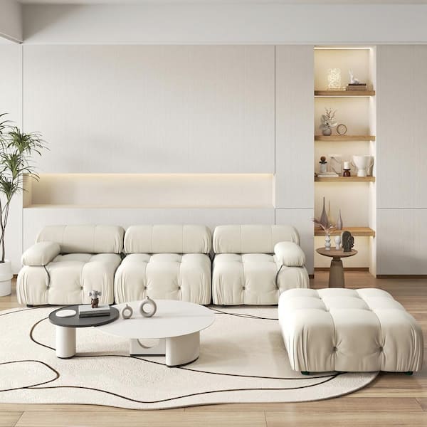 Chameleon 104 in. Square Arm Oversized 4-Piece Modern Velvet Modular Combination Sectional Sofa with Ottoman in Beige