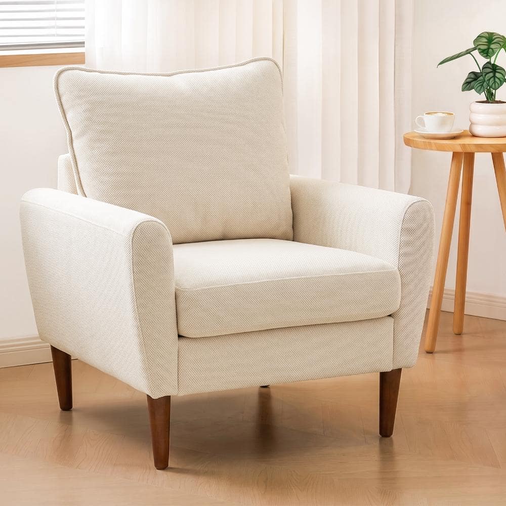 Chic Beige Accent Chair Wide Singe Lounge Fabric Upholstered Sofa with Pillow & Solid Wood Legs