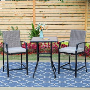 Black 3-Piece Metal Square Outdoor Bistro Patio Set with Wood-Look Bar Table and Rattan Bistro Chairs with Beige Cushion