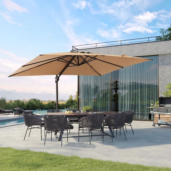 11.5 ft. x 9 ft. Rectangular Aluminum Tilt Outdoor Cantilever Patio Umbrella 360° Rotation Umbrella in Tan with Stand