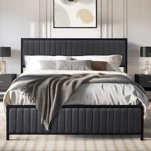 Bed Frame, Gray Metal Frame, Queen Platform Bed with Heavy-Duty Metal Foundation, Upholstered Headboard Bed