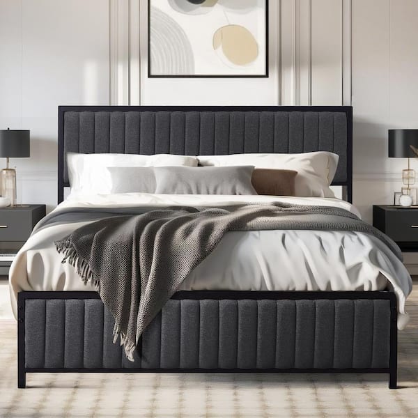 VECELO Bed Frame, Gray Metal Frame, Queen Platform Bed with Heavy-Duty Metal Foundation, Upholstered Headboard Bed