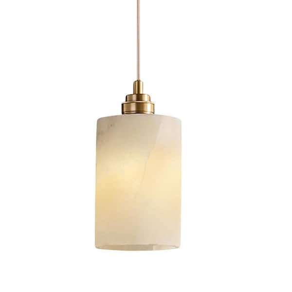 Light Luxury 1-Light Brass Gold Finish Natural Cylinder Alabaster Mini Pendant Light for Island Countertops/Dining Table