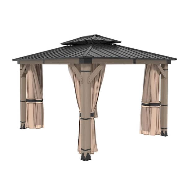 10 ft. x 12 ft. Fir Wood Gazebo with Galvanized Steel Hardtop Double Roof, Insect Screens and Privacy Curtains