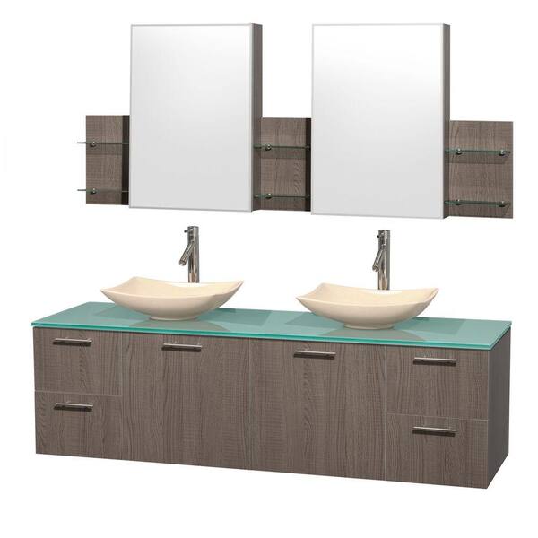 Wyndham Collection Amare 72 in. Double Vanity in Gray Oak with Glass Vanity Top in Green, Marble Sinks and Medicine Cabinet