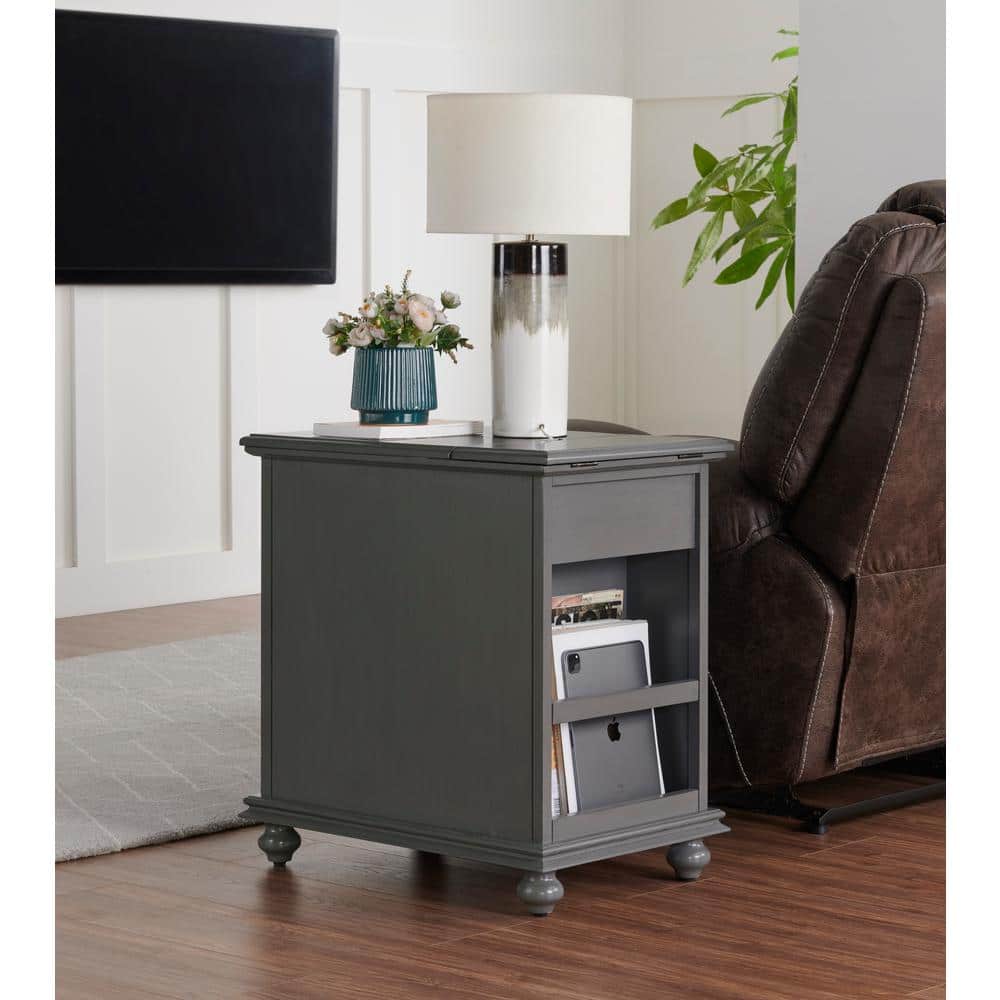 Sophisticated Gray Pine Chairside Table with Power Outlets