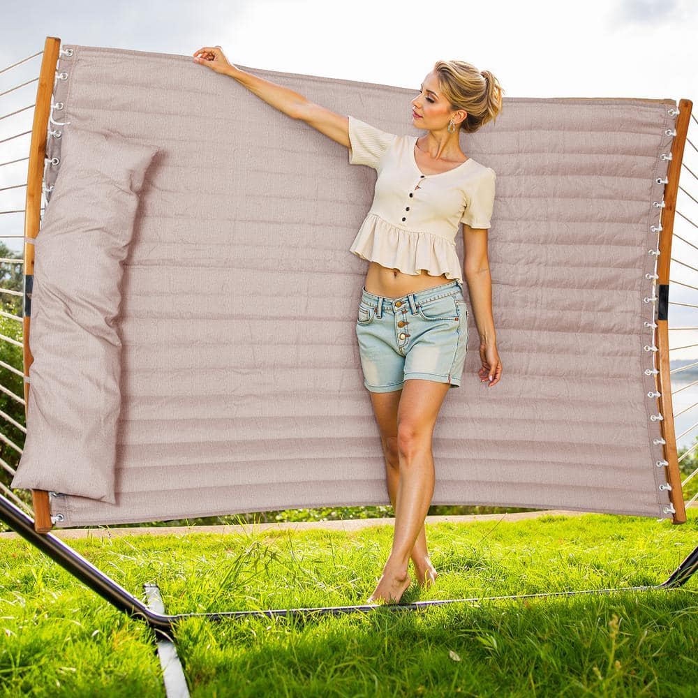 Atesun 12 ft. Free Standing, 475 lbs. Capacity, Heavy-Duty 2-Person Hammock with Stand and Detachable Pillow in Tan JD-HDWRH001