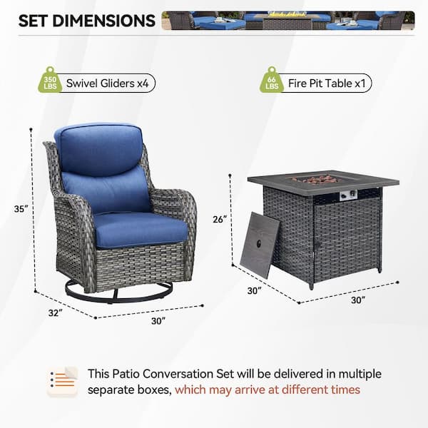 LunaCurve 5-Piece Gray Wicker Fire Pit Conversation Set with 5 in. Blue Cushions and Swivel Glider Rocking Chairs