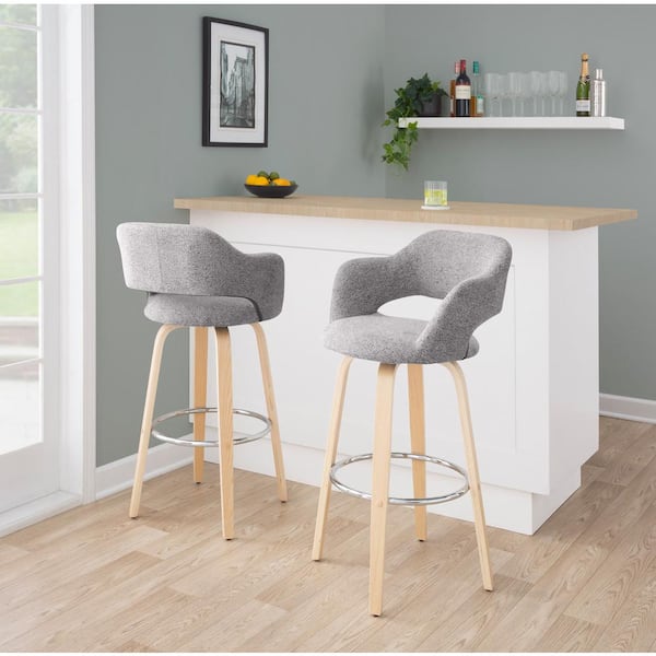 Lumisource Margarite 29.5 in. Grey Fabric, Natural Wood and Chrome Metal Fixed-Height Bar Stool Round Footrest (Set of 2)